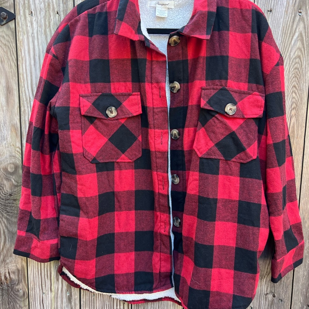 PASSPORT Red & Black Buffalo Check Plaid Button Down Lined Flannel Women’s Large - Picture 2 of 8